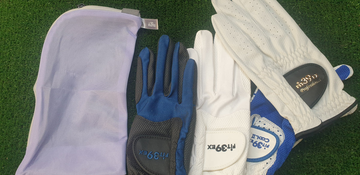 FIT39 golf glove laundry net beside golf gloves on grass